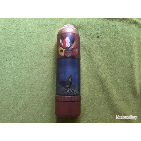 RARE MAGNIFIQUE OBJET ART DE TRANCH�E CORP DE OBUS 75mm AVEC PEINTURE PATRIOTIQUE 14-18