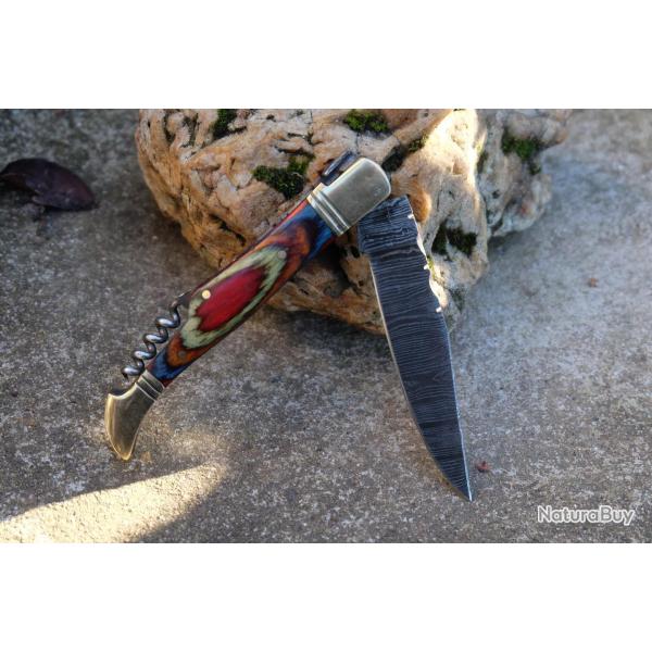 Couteau Damas Lame 128 Couches Fa�on Laguiole Abeille Manche Arlequin Tire Bouchons Fab Artisanale 1