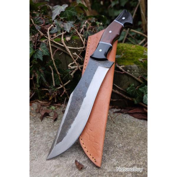BIG Couteau Buscharft Survie Bowie Lame Acier Carbone 1075 Etui Cuir Manche Bois/R�sine Fab ArtisanB