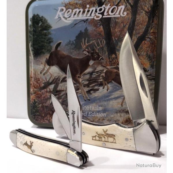 Set de Couteaux Pliants Remington White Tails Lames Acier Inoxydable Manches Os Blanc Boite M�tal