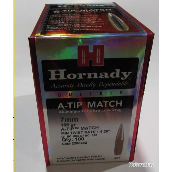 BOITE DE 100 OGIVES HORNADY A-TIP MATCH 7MM/284 166GR ref 2836