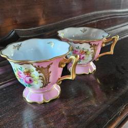 Limoges France D&eacute;cor&eacute; Main - 2 Tasses + 2 Soucoupes Porcelaine Ancienne Dorure Or - Service Caf&eacute;, Th