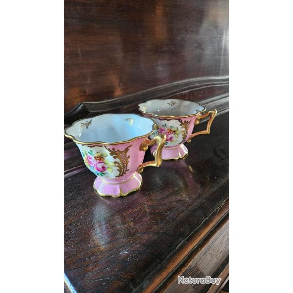 Limoges France D�cor� Main - 2 Tasses + 2 Soucoupes Porcelaine Ancienne Dorure Or - Service Caf�, Th