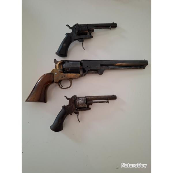 3 revoler cat D lefaucheux 7 mm et revolver cal 36 poudre noir