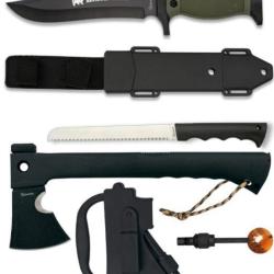 Kit de survie tactique  poignards et hache avec fourreau plus sifflet et un silex