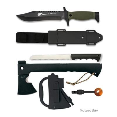Hache De Survie Tactique Noire M-Tech 14" Avec Fourreau - Lame Acier, Poignée Paracorde, Full Tang