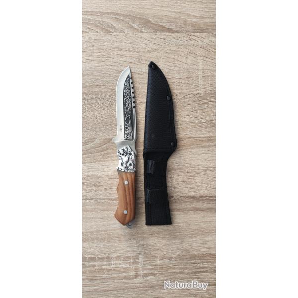 Couteau de Chasse BSH Full-Tang - Acier 440 Grav� "Ours" - Pommeau T�te de F�lin - 26 cm