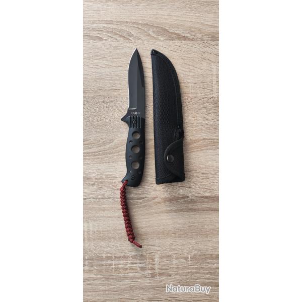 Couteau Tactique Militaire BSH - Full Tang - Acier 440 Noir - Manche Aluminium - 23,5 cm