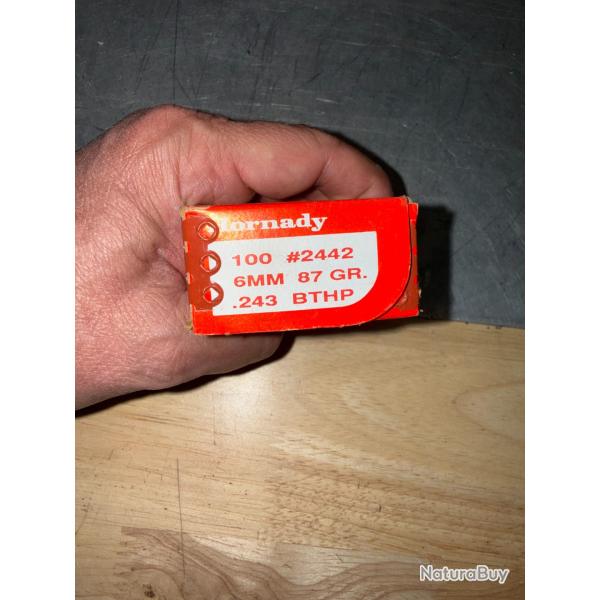 BOITE DE 100 OGIVES HORNADY  CALIBRE 6MM  .243    87 GR  BTHP