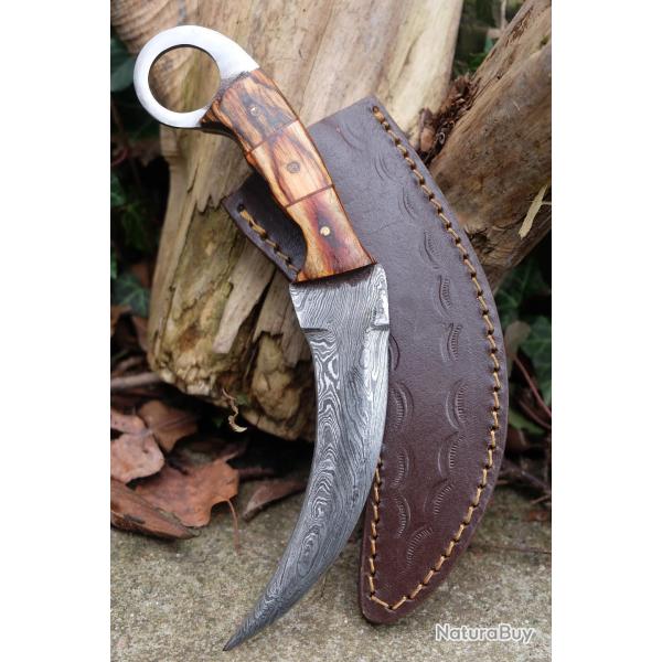 Couteau Karambit Lame Acier Damas 256 Couches Manche Bois Avec Anneau Etui Cuir Fabr Artisanale