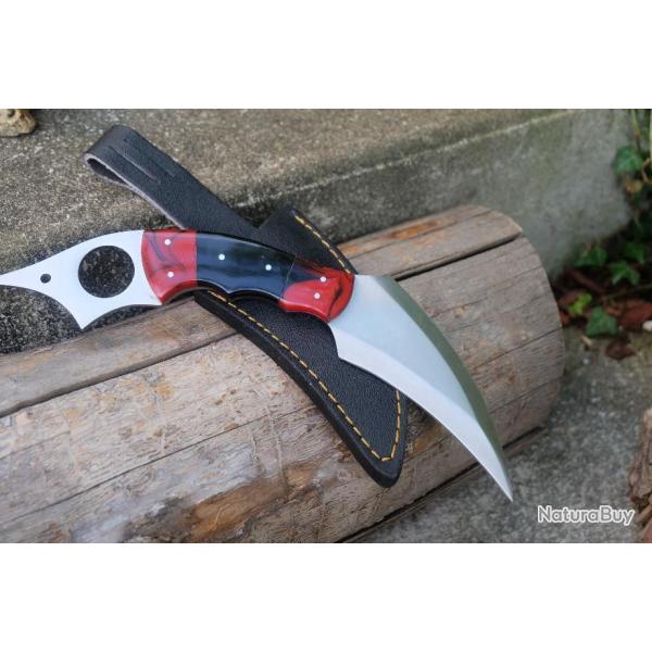 Couteau Karambit Lame Acier Carbone 1055 Manche R�sine Etui Simili Cuir Fabr Artisanale