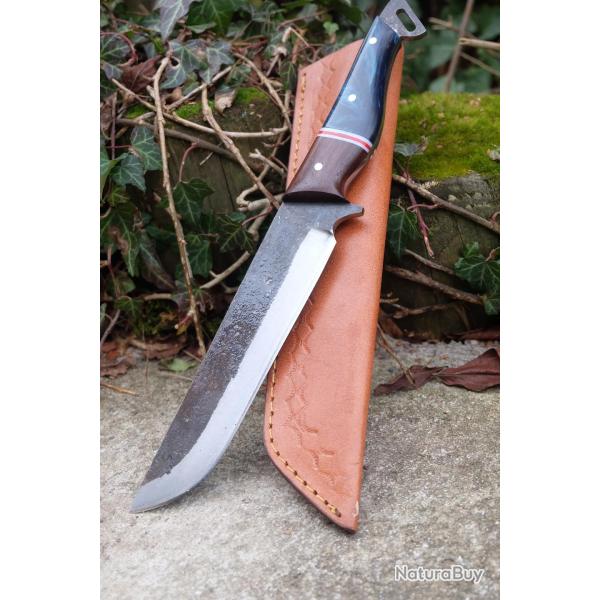 BIG Couteau Buscharft Survie Bowie Lame Acier Carbone 1075 Etui Cuir Manche Bois/R�sine F Artisanale