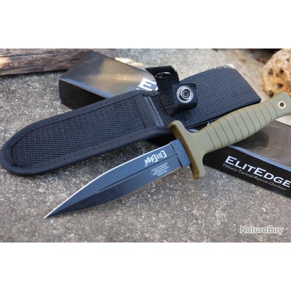 Couteau Elitedge Desert Green Dague Lame Spear Point Acier 420C Black Manche FRN Green Housse Nylon