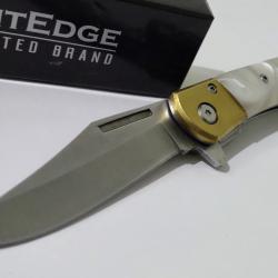 Couteau Semi Automatique ElitEdge Lame Bowie Acier 440C Manche Nacre Synth&eacute;tique Linerlock Clip