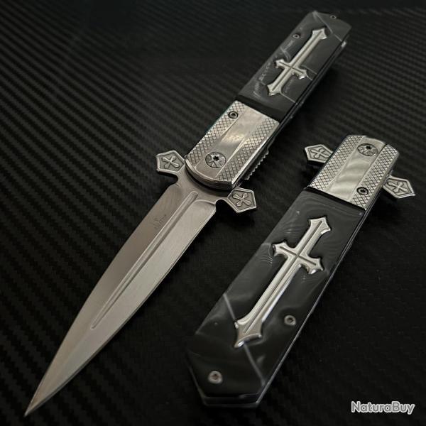 Couteau ElitEdge Gothique Croix Celtique Lame Acier 440C Manche Marbre Synthetique Linerlock