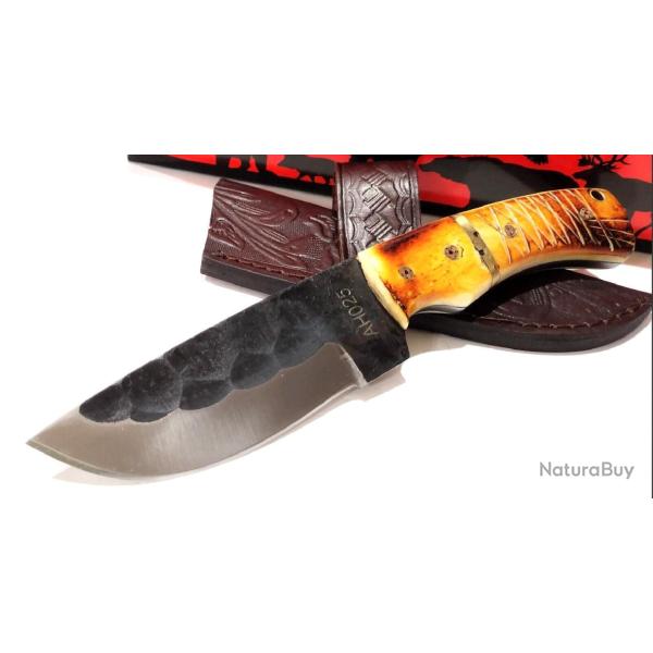 Couteau Skinner Survie Chasse American Hunter Lame Acier Carbone 1055 Martel�e Manche Os Etui Cuir