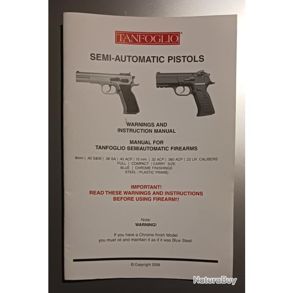 Manuel d'utilisateur Tanfoglio ,pistolets semi-automatiques