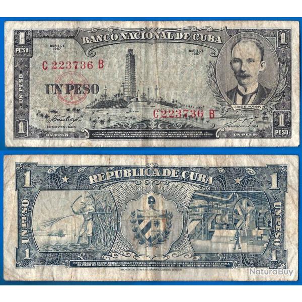 Cuba 1 Peso 1957 Jose Marti Billet Pesos
