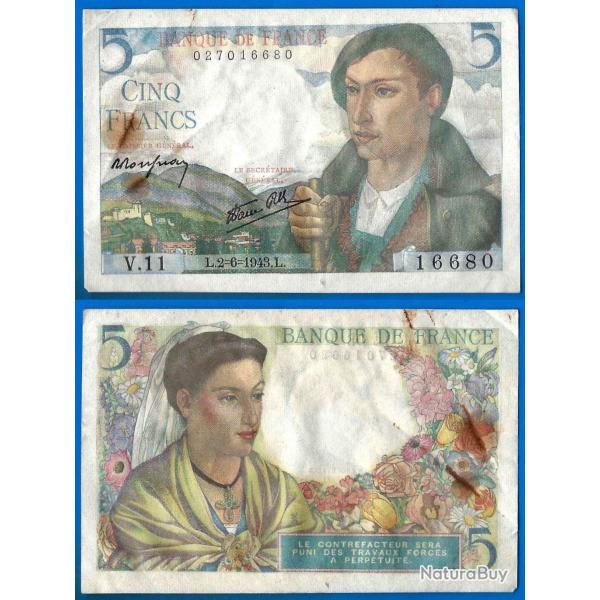 France 5 Francs 1943 2 Juin dit Berger Billet Franc Frcs Frc Frs