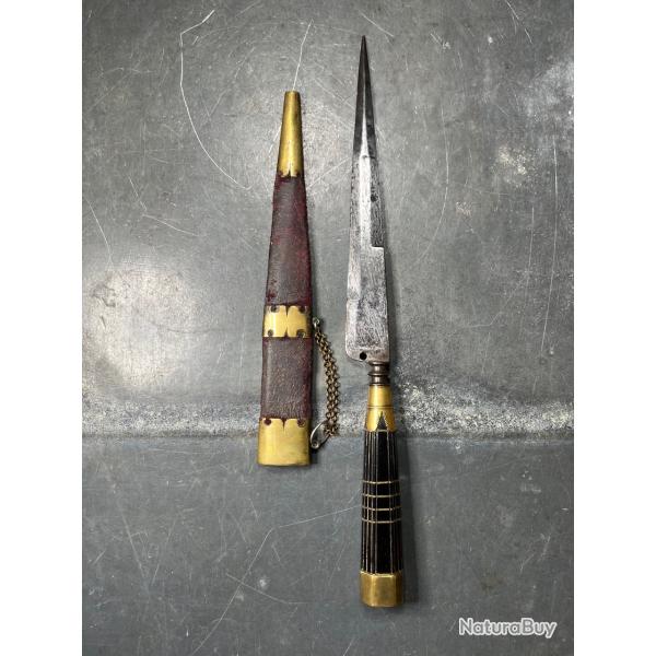 Rare, ancien Stylet, couteau poignard Corse XIXe , Poignard Manche �b�ne Incrust�, Lame Grav�e