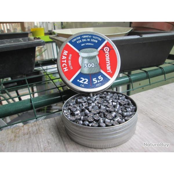 lot 2 Boites de 500 plombs plat match en .22/ 5.5mm de chez Crosman