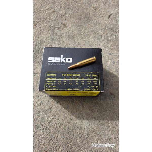 100 munitions Sako Range 50 gr FMJ, calibre .222 Rem