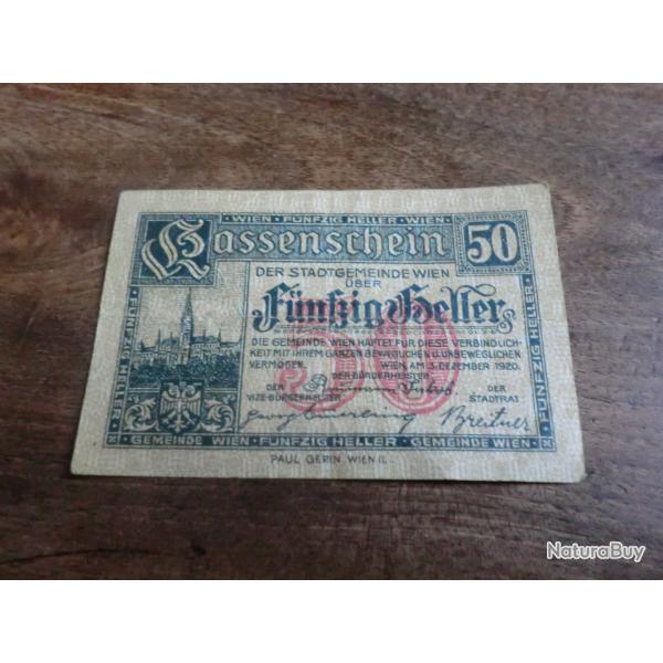 billet autriche vienne  50 HELLER  d�cembre 1920