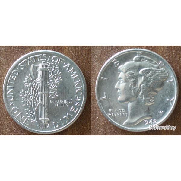 Usa 1 Dime 1942 10 Cent Argent Mercury Cents Dollar Piece Etats Unis Dollars