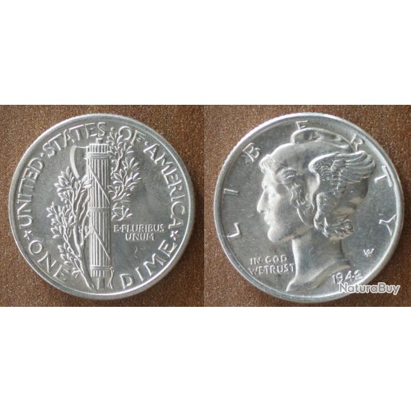 Usa 1 Dime 1942 10 Cent Argent Mercury Cents Dollar Piece Etats Unis Dollars