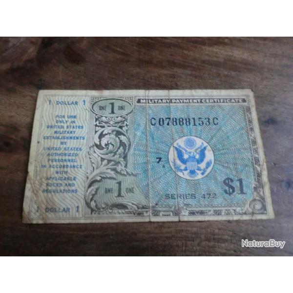 billet 1 dollars �tat unis certificat de paiement militaire   / C 07888153 C