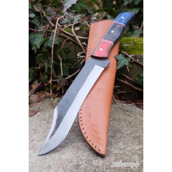 BIG Couteau Buscharft Survie Bowie Lame Acier Carbone 1075 Etui Cuir Manche 3 Bois Fabr Artisanale