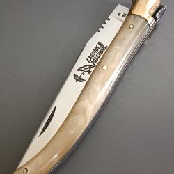 ANCIEN COUTEAU LAGUIOLE en 13 cm, ROSSIGNOL PARAPLUIE &Agrave; L'&Eacute;PREUVE, THIERS, XX&egrave;me, CORNE, guilloch&eacute;