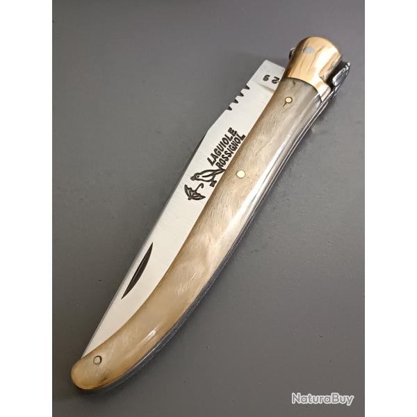 ANCIEN COUTEAU LAGUIOLE en 13 cm, ROSSIGNOL PARAPLUIE � L'�PREUVE, THIERS, XX�me, CORNE, guilloch�