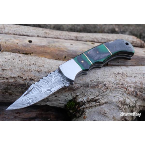 Couteau Lame Damas 128 Couches Manche Emeraude Fa�on Buck 112 Lockback Fabr Artisanale 002