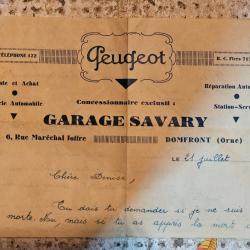 Lot 2 lettres anciennes Peugeot 1943 Garage Savary Domfront Orne - documents WW2