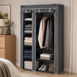 Armoire en tissu 5 &eacute;tag&egrave;res grises avec barre de penderie - 100x46x174 cm