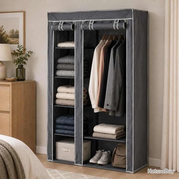 Armoire en tissu 5 �tag�res grises avec barre de penderie - 100x46x174 cm