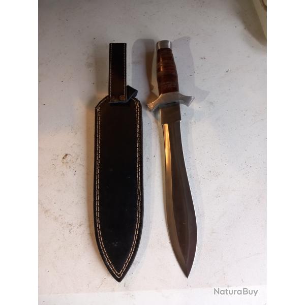 Grand Couteau GLAIVE Double tranchants Manche en Bois et Cuir avec �tui en cuir noire