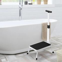 Marchepied s&eacute;curis&eacute; pliable avec barre d'appui - Hauteur 17 cm - Acier blanc