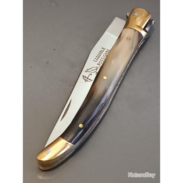 ANCIEN COUTEAU LAGUIOLE, ROSSIGNOL PARAPLUIE � L'�PREUVE, THIERS, XX�me, manche CORNE, guilloch�