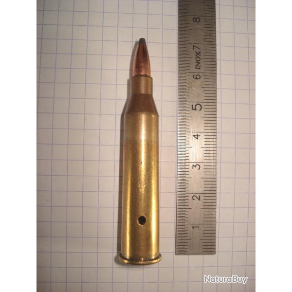 une cartouche de 5,6x57R, neutralis�e, �tui perc�, amorce percut�e, ogive demi blind�e