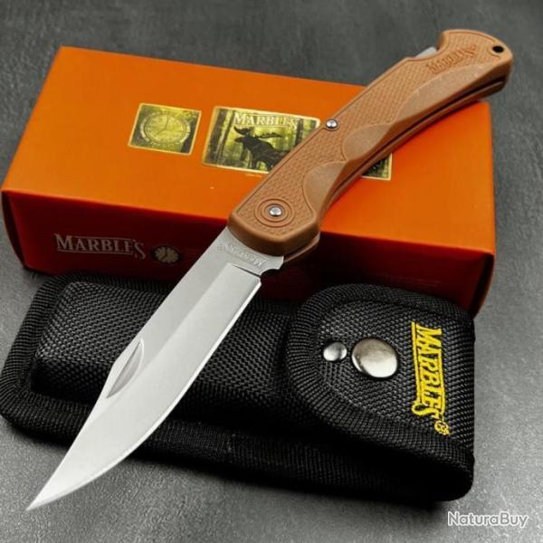 Grand Couteau Chasse Pliant Marbles Desert Tan Manche Abs Lame Acier 440 Lockback Etui Nylon