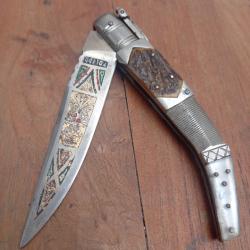 Magnifique Couteau &agrave; Palme Espagnol de  TOLEDO Manche en M&eacute;tal, Bois de Cerf et Nacre