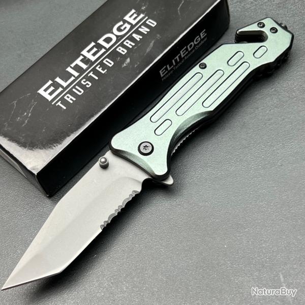 Couteau ElitEdge Rescue Lame Tanto Acier 420C Manche Gray Alu Linerlock Brise Vitres Coupe Ceintures