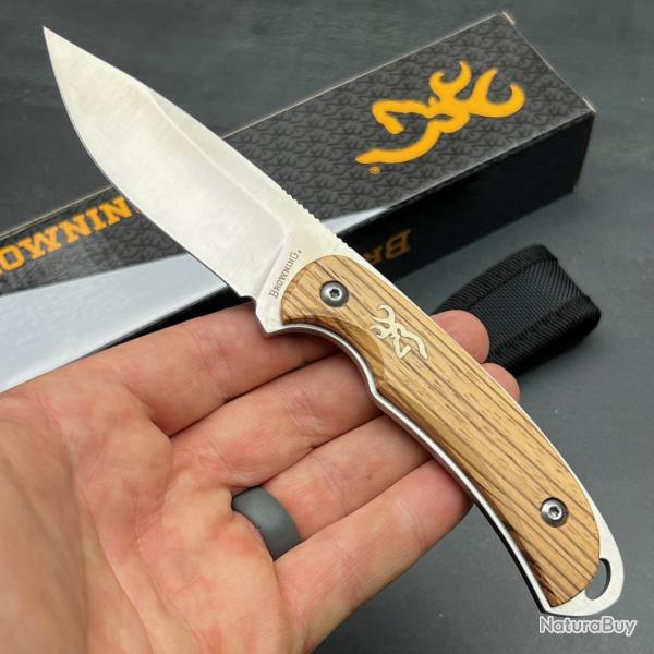 Couteau De Chasse Skinner Browning Zebra Wood Lame Acier 7Cr17MoV Manche Zebra Wood Etui Nylon