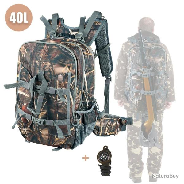 Sac � Dos de Chasse 40L Camouflage avec Porte-Fusil - Sac Outdoor Etanche Randonn�e Tir Arc + Housse