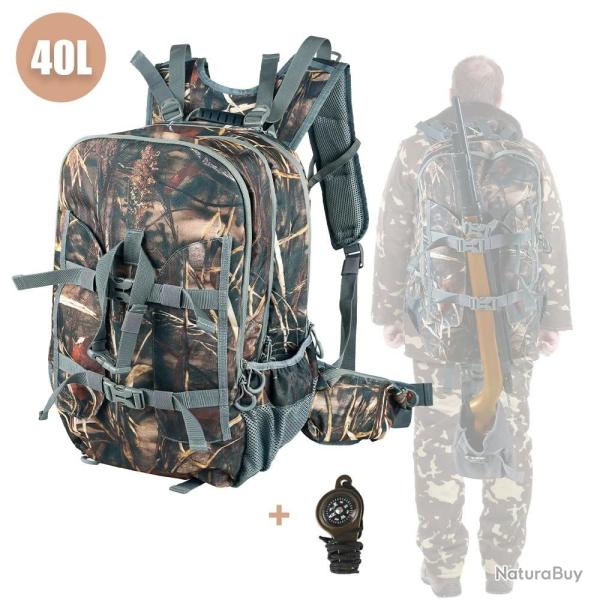 Sac � Dos de Chasse 40L Camouflage avec Porte-Fusil - Sac Outdoor Etanche Randonn�e Tir Arc + Housse