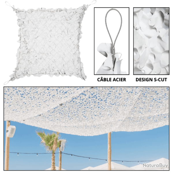 Filet de Camouflage / Voile d'ombrage Blanc - Renforc� C�ble Acier - CamoShadow� 4 x 8 m