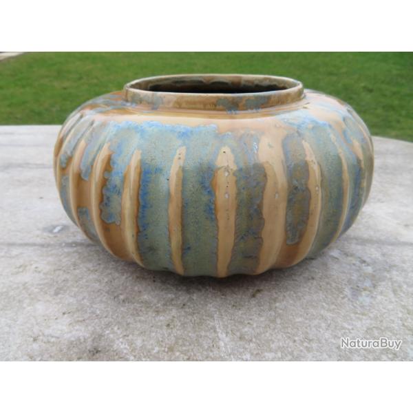 Ancien vase � panse aplatie en gr�s �maill� avec �maux cristallis�s - FRANCE (Vers 1920)