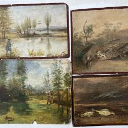 4 Anciennes Peintures de chasse XIXe